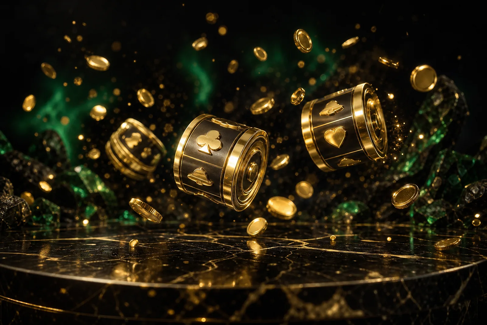 Gulungan slot emas dan koin di atas meja marmer hitam